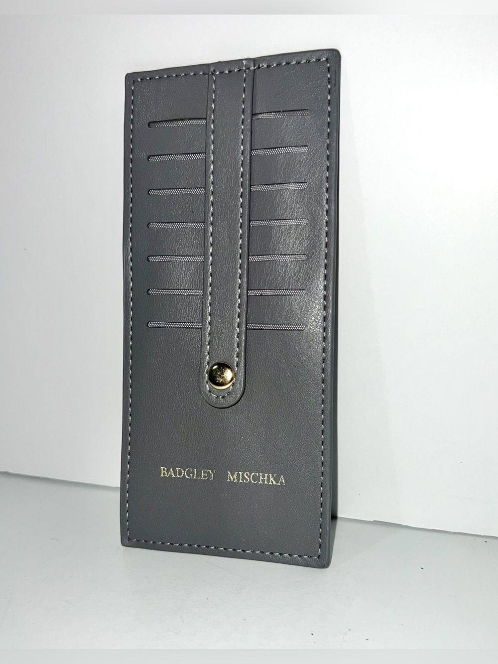 Badgley Mischka Grey Faux Leather Slim Card Case Wallet Snap Closure Holder